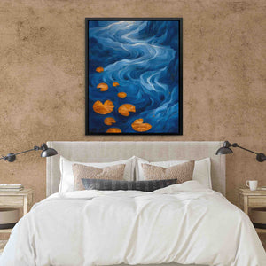 a bedroom with a bed and a painting on the wall