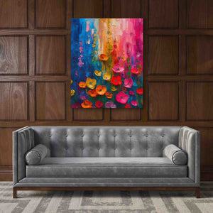 a living room with a couch and a painting on the wall