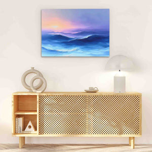 a painting hanging on a wall above a wooden cabinet