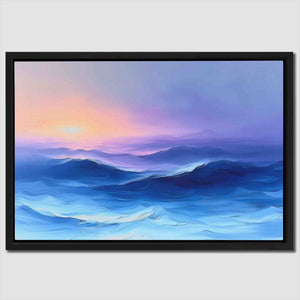 a painting of a blue ocean with a sunset in the background