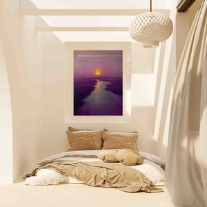 a bedroom with a bed and a painting on the wall