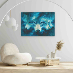 a living room with a couch and a painting on the wall