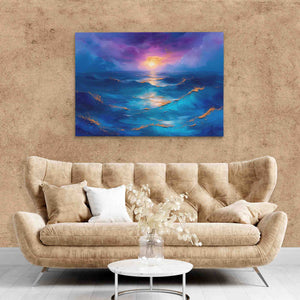 a living room with a couch and a painting on the wall