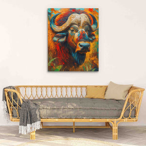 a living room with a couch and a painting on the wall