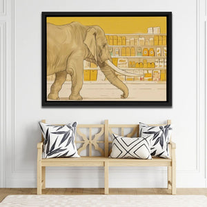 Elephant Grocery Shopping - Modern Beige Canvas Wall Art