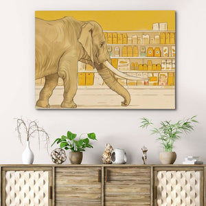 Elephant Grocery Shopping - Beige Wall Art for Kitchen