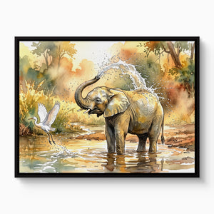 Elephant Water Splash โ elephant water splash white studio framed black