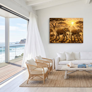 Elephants Golden Sunset โ elephants golden sunset sq malibu beach 1land flush print