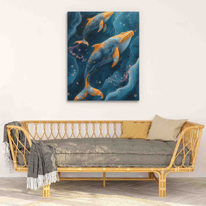 a living room with a couch and a painting on the wall