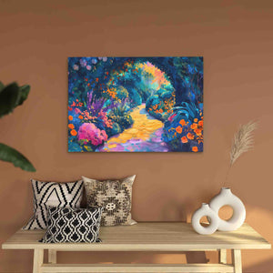 a painting hanging on a wall above a table