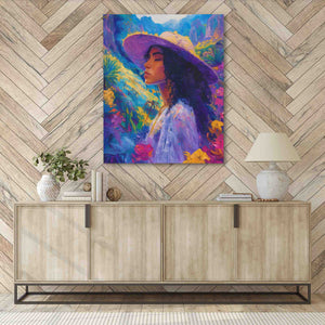 a painting of a woman with a purple hat