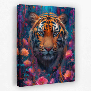 a painting of a tiger surrounded by flowers