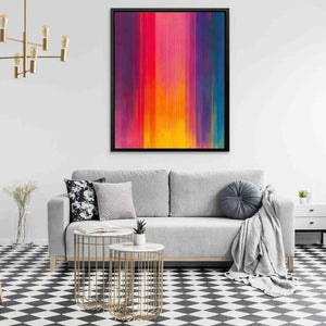a living room with a couch, coffee table and a painting on the wall