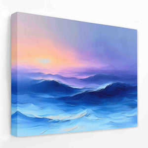 a painting of a blue ocean with a sunset in the background