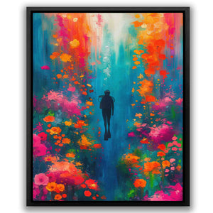 a painting of a man standing in a field of flowers