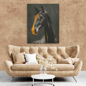 a living room with a couch and a horse painting on the wall