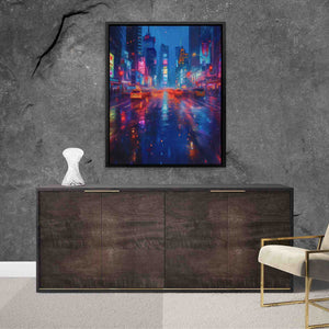 a painting of a city street at night