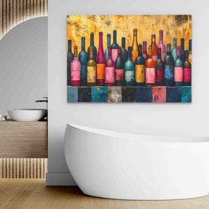 a bathroom with a bathtub and a painting on the wall