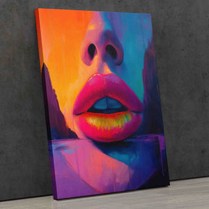 a painting of a woman's face with bright lips