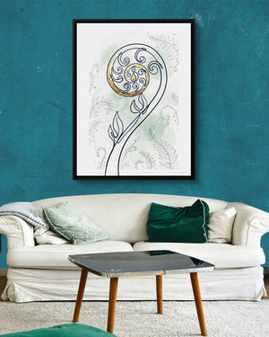 Fiddlehead Golden Spiral โ fiddlehead golden spiral psd aqua wall white couch 1port framed black