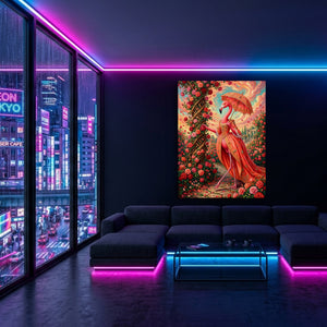 Flamingo's Rose Stroll โ flamingo's rose stroll sq blue pink neon room 1port flush print