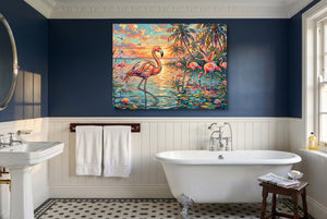 Flamingos Tropical Sunset โ flamingos tropical sunset small bathroom interior 2 1land flush print