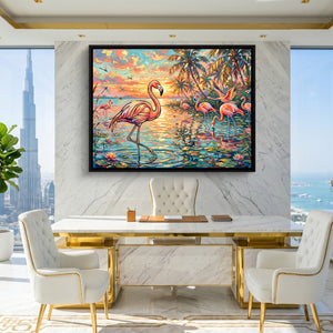 Flamingos Tropical Sunset โ flamingos tropical sunset sq king lux 1land framed black