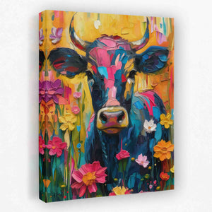 Floral Farm Cow - Animals Canvas Wall Art