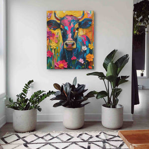 Floral Farm Cow - Abstract Wall Art in Black Frame