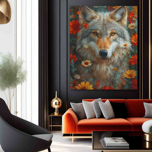 Floral Wolf - Watercolor Wall Art in Black Frame