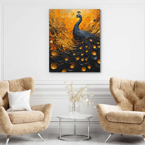 Flowing peacock - Black and Gold Canvas Wall Art