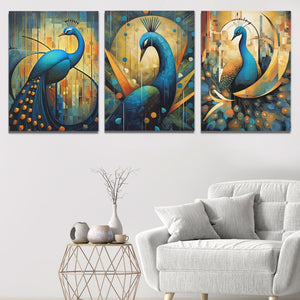 Flowing Peacocks (3) Set - Peacock Canvas Wall Art