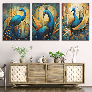 Flowing Peacocks (3) Set - Wildlife Wall Art in Black Frame