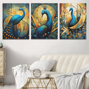 Flowing Peacocks (3) Set - Wall Art in Black Frame