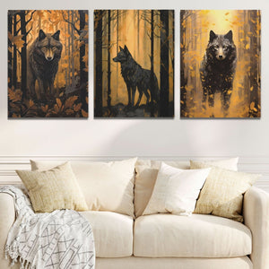 Forest Wolves in Gold (3) Set - Wolf Canvas Wall Art