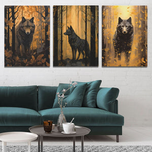 Forest Wolves in Gold (3) Set - Black and Gold Canvas Print