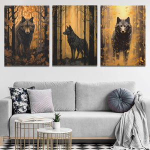 Forest Wolves in Gold (3) Set - Wall Art in Black Frame