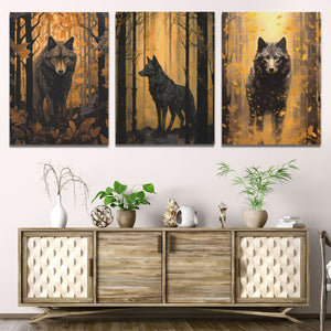Forest Wolves in Gold (3) Set - Black and Gold Wall Art for Office