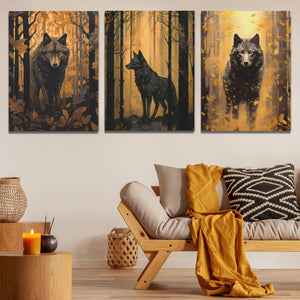 Forest Wolves in Gold (3) Set - Large Canvas Print