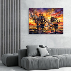 Galleons Sunset Battle โ galleons sunset battle sq grey room 2 1land flush print