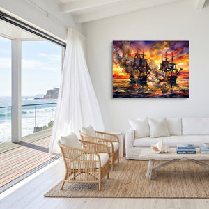 Galleons Sunset Battle โ galleons sunset battle sq malibu beach 1land flush print
