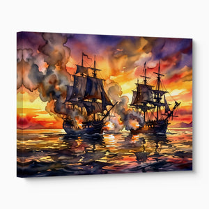 Galleons Sunset Battle โ galleons sunset battle angled flush print