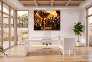 Gathering Golden Light โ gathering golden light office space with desk 3 1land flush print