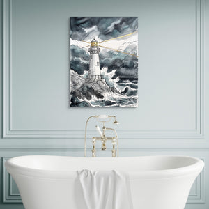 Gilded Line Lighthouse Storm โ gilded line lighthouse storm sq luxury bathroom wall 1port flush print