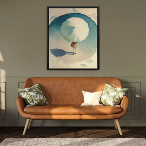 Girl with Umbrella - Modern Beige Canvas Wall Art