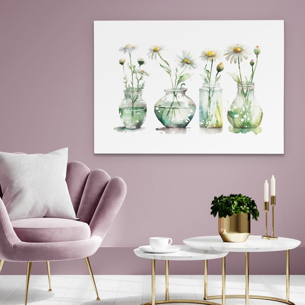Glass Vases Daisies - Canvas Wall Art