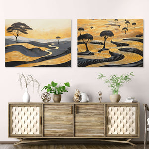 Gold African Landscape (2) Set - Abstract Black and Gold Canvas Wall Art