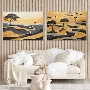 Gold African Landscape (2) Set - Abstract Wall Art in Black Frame