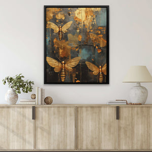Gold Bee Hive - Abstract Wall Art in Black Frame
