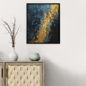 Gold Blue Checkers - Abstract Wall Art in Black Frame